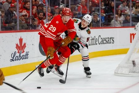 Nov 9, 2025; Detroit, Michigan, USA; Detroit Red Wings center Nate Danielson (29) fights for control of the puck with Chicago Blackhawks defenseman Artyom Levshunov (55) during the first period at Little Caesars Arena. Nov 9, 2025; Detroit, Michigan, USA; Detroit Red Wings center Nate Danielson (29) fights for control of the puck with Chicago Blackhawks defenseman Artyom Levshunov (55) during the first period at Little Caesars Arena.