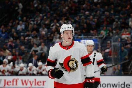 Mar 14, 2024; Columbus, Ohio, USA; Ottawa Senators defenseman Maxence Guenette (50) during the first period at Nationwide Arena. Mar 14, 2024; Columbus, Ohio, USA; Ottawa Senators defenseman Maxence Guenette (50) during the first period at Nationwide Arena.