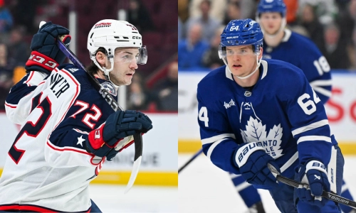 Photo of Sabres' Carson Meyer (left) and Maple Leafs' David Kampf (right)
