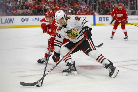 Jan 10, 2025; Detroit, Michigan, USA; Chicago Blackhawks center Frank Nazar (91) fights for handles the puck during the first period against the Detroit Red Wings at Little Caesars Arena.