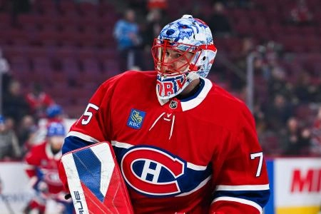 Nov 4, 2025; Montreal, Quebec, CAN; Montreal Canadiens goalie Jakub Dobes (75) looks on during warm-up before the game against the Philadelphia Flyers at Bell Centre. Mandatory Credit: David Kirouac-Imagn Images