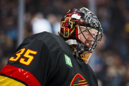 Vancouver Canucks goalie Thatcher Demko (35) during a stop in play against the New York Rangers in the third period at Rogers Arena