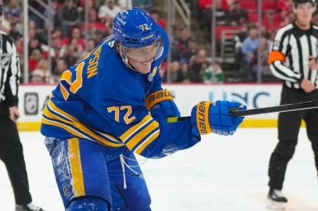 Nov 8, 2025; Raleigh, North Carolina, USA; Buffalo Sabres center Tage Thompson (72) takes a shot against the Carolina Hurricanes during the second period at Lenovo Center. Mandatory Credit: James Guillory-Imagn Images