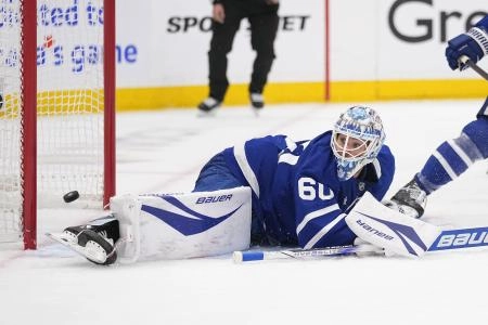 May 18, 2025; Toronto, Ontario, CAN; Florida Panthers forward Anton Lundell (not pictured) scores on Toronto Maple Leafs goaltender Joseph Woll (60) during the second period of game seven of the second round of the 2025 Stanley Cup Playoffs at Scotiabank Arena. Mandatory Credit: John E. Sokolowski-Imagn Images