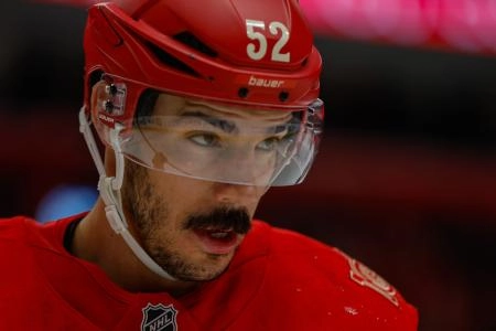 Nov 9, 2025; Detroit, Michigan, USA; Detroit Red Wings defenseman Travis Hamonic (52) looks on during the third period against the Chicago Blackhawks at Little Caesars Arena. Mandatory Credit: Brian Bradshaw Sevald-Imagn Images Nov 9, 2025; Detroit, Michigan, USA; Detroit Red Wings defenseman Travis Hamonic (52) looks on during the third period against the Chicago Blackhawks at Little Caesars Arena. Mandatory Credit: Brian Bradshaw Sevald-Imagn Images
