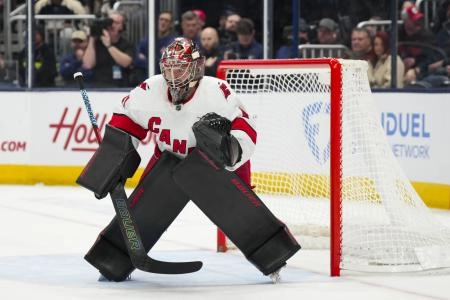 Nov 23, 2024; Columbus, Ohio, USA; Carolina Hurricanes goaltender Spencer Martin (41) defends the net against the Columbus Blue Jackets in the overtime period at Nationwide Arena.