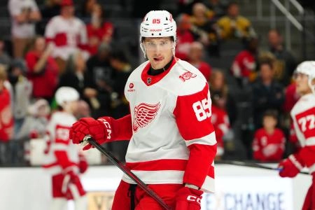 Nov 4, 2025; Las Vegas, Nevada, USA; Detroit Red Wings left wing Elmer Soderblom (85) warms up before a game against the Vegas Golden Knights at T-Mobile Arena.
