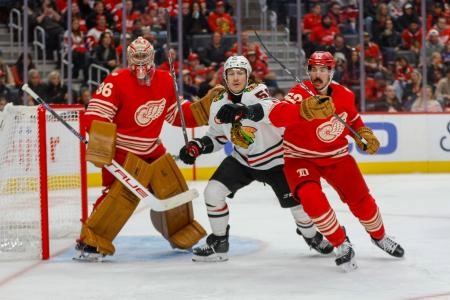 Nov 9, 2025; Detroit, Michigan, USA; Chicago Blackhawks left wing Tyler Bertuzzi (59) fights for position in front of the net with Detroit Red Wings defenseman Travis Hamonic (52) during the third period at Little Caesars Arena.