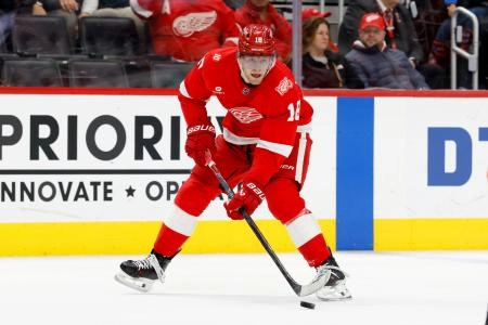 Nov 13, 2025; Detroit, Michigan, USA; Detroit Red Wings center Andrew Copp (18) skates with the puck in the second period against the Anaheim Ducks at Little Caesars Arena.