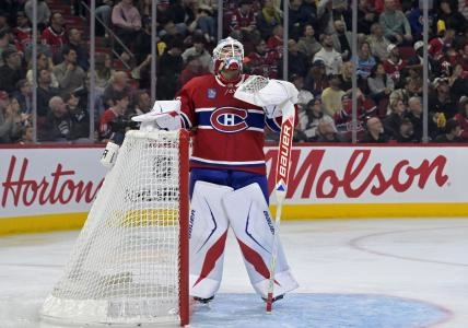 Sep 22, 2025; Montreal, Quebec, CAN; Montreal Canadiens goalie Jacob Fowler (32) takes a breather during the third period of the game against the Pittsburgh Penguins at the Bell Centre. Mandatory Credit: Eric Bolte-Imagn Images