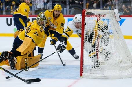 Juuse Saros, Steven Stamkos, Ryan O'Reilly Sidney Crosby during Saturday's Global Series game in Stockholm, Sweden. Juuse Saros, Steven Stamkos, Ryan O'Reilly Sidney Crosby during Saturday's Global Series game in Stockholm, Sweden.