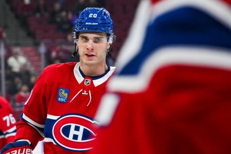Nov 13, 2025; Montreal, Quebec, CAN; Montreal Canadiens left wing Juraj Slafkovsky (20) looks on during warm-ups before the game against the Dallas Stars at Bell Centre. Mandatory Credit: David Kirouac-Imagn Images