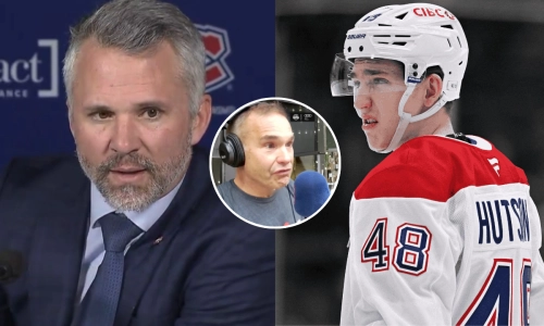 Photo of Canadiens coach Martin St-Louis, analyst Gilbert Delorme, and Lane Hutson