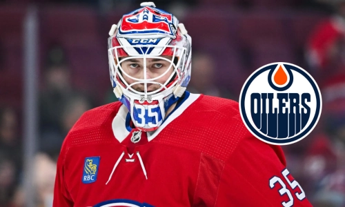 Canadiens goalie Samuel Montembeault and Edmonton Oilers logo