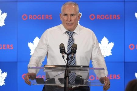 Mar 19, 2025; Toronto, Ontario, CAN; Toronto Maple Leafs head coach Craig Berube listens to a question from the media during the post game press conference after a win over the Colorado Avalanche at Scotiabank Arena. Mandatory Credit: John E. Sokolowski-Imagn Images