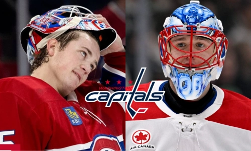 Canadiens goalies Samuel Montembeault and Jakub Dobes, Washington Capitals logo