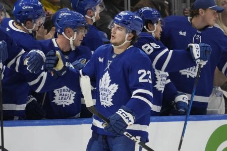 Oct 28, 2025; Toronto, Ontario, CAN; Toronto Maple Leafs forward Matthew Knies (23) celebrates scoring against the Calgary Flames during the second period at Scotiabank Arena