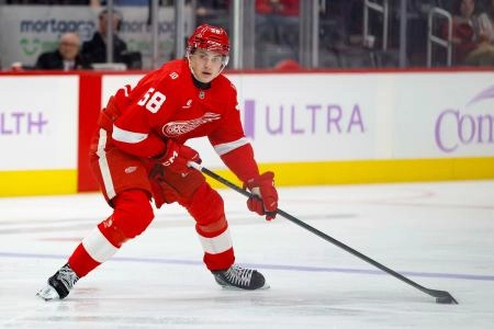 Nov 20, 2025; Detroit, Michigan, USA; Detroit Red Wings center Emmitt Finnie (58) skates with the puck in the second period against the New York Islanders at Little Caesars Arena.