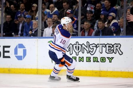 Oct 14, 2025; New York, New York, USA; Edmonton Oilers center Trent Frederic (10) celebrates his goal against the New York Rangers during the second period at Madison Square Garden. Mandatory Credit: Brad Penner-Imagn Images