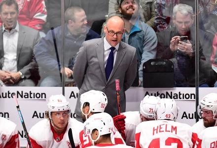 Mar 5, 2019; Denver, CO, USA; Detroit Red Wings head coach Jeff Blashill reacts during the second period against the Colorado Avalanche at the Pepsi Center.
