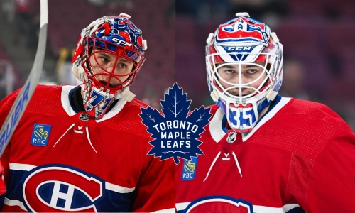 Photo of Jakub Dobes and Samuel Montembeault, Leafs logo