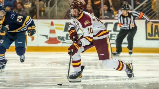 Detroit Red Wings prospect Max Plante on the ice with the University of Minnesota-Duluth