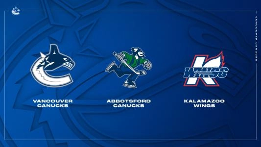 Vancouver Canucks, Abbotsford Canucks, Kalamazoo Wings logos.