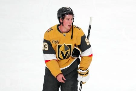Nov 10, 2025; Las Vegas, Nevada, USA;Vegas Golden Knights right wing Mitch Marner (93) reacts after the Florida Panthers defeated the Golden Knights 3-2 at T-Mobile Arena. Mandatory Credit: Stephen R. Sylvanie-Imagn Images