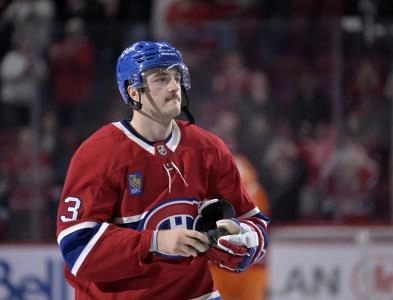Nov 22, 2025; Montreal, Quebec, CAN; Montreal Canadiens defenseman Noah Dobson (53) celebrates the win against the Toronto Maple Leafs at the Bell Centre. Mandatory Credit: Eric Bolte-Imagn Images