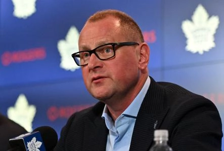 Jun 1, 2023; Toronto, Ontario, CANADA; Toronto Maple Leafs new general manager Brad Treliving is introduced at a press conference at Scotiabank Arena. Mandatory Credit: Dan Hamilton-Imagn Images
