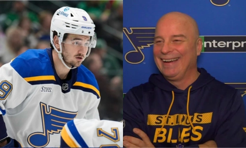 New Canadiens forward Alexandre Texier (left) Blues coach Jim Montgomery (right)