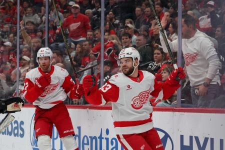 Nov 24, 2025; Newark, New Jersey, USA; Detroit Red Wings right wing Alex Debrincat (93) celebrates his goal against the New Jersey Devils during the first period at Prudential Center. Mandatory Credit: Nov 24, 2025; Newark, New Jersey, USA; Detroit Red Wings right wing Alex Debrincat (93) celebrates his goal against the New Jersey Devils during the first period at Prudential Center. Mandatory Credit: