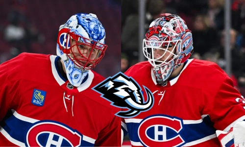 Samuel Montembeault and Jakub Dobes, Mammoth Logo Samuel Montembeault and Jakub Dobes, Mammoth Logo