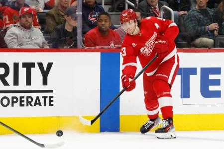 Nov 22, 2025; Detroit, Michigan, USA; Detroit Red Wings defenseman Moritz Seider (53) passes in the second period against the Columbus Blue Jackets at Little Caesars Arena.