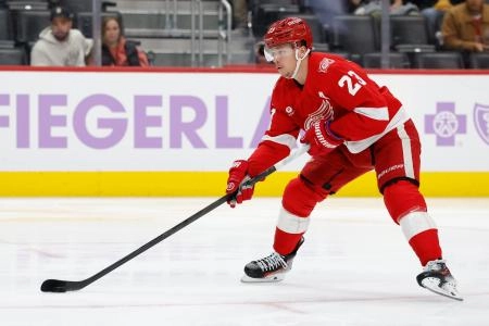 Nov 20, 2025; Detroit, Michigan, USA; Detroit Red Wings left wing Lucas Raymond (23) skates with the puck in the second period against the New York Islanders at Little Caesars Arena.