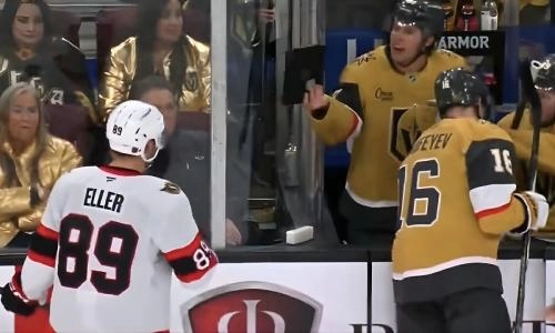 Vegas Golden Knights forward Mitch Marner argues with Ottawa Senators forward Lars Eller
