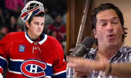 Photo of Samuel Montembeault and former Canadiens goalie José Théodore.