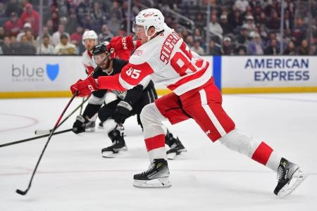 Oct 30, 2025; Los Angeles, California, USA; Detroit Red Wings left wing Elmer Soderblom (85) moves in for a shot against the Los Angeles Kings during the first period at Crypto.com Arena.