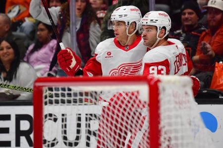 Nov 15, 2024; Anaheim, California, USA; Detroit Red Wings right wing Alex DeBrincat (93) celebrates his goal scored against the Anaheim Ducks with right wing Patrick Kane (88) during the third period at Honda Center. Nov 15, 2024; Anaheim, California, USA; Detroit Red Wings right wing Alex DeBrincat (93) celebrates his goal scored against the Anaheim Ducks with right wing Patrick Kane (88) during the third period at Honda Center.