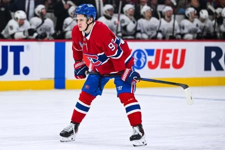 Nov 11, 2025; Montreal, Quebec, CAN; Montreal Canadiens right wing Ivan Demidov (93) looks on against the Los Angeles Kings during the first period at Bell Centre.