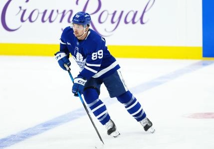 Nov 5, 2025; Toronto, Ontario, CAN; Toronto Maple Leafs left wing Nicholas Robertson (89) skates during the warmup before a game against the Utah Mammoth at Scotiabank Arena. Mandatory Credit: Nick Turchiaro-Imagn Images