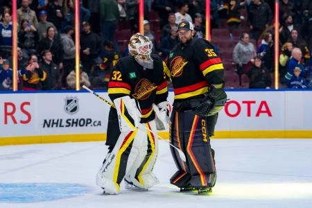 Vancouver Canucks goaltenders Kevin Lankinen Thatcher Demko. Vancouver Canucks goaltenders Kevin Lankinen Thatcher Demko.