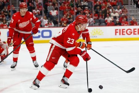 Nov 13, 2025; Detroit, Michigan, USA; Detroit Red Wings left wing Lucas Raymond (23) skates with the puck in the first period against the Anaheim Ducks at Little Caesars Arena. Mandatory Credit: Rick Osentoski-Imagn Images Nov 13, 2025; Detroit, Michigan, USA; Detroit Red Wings left wing Lucas Raymond (23) skates with the puck in the first period against the Anaheim Ducks at Little Caesars Arena. Mandatory Credit: Rick Osentoski-Imagn Images