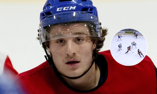 Canadiens prospect Bryce Pickford and Detroit Red Wings logo
