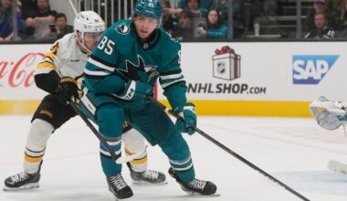 Celebrini notches 14th goal, Sharks beat Bruins 3-1 :: WRAL.com