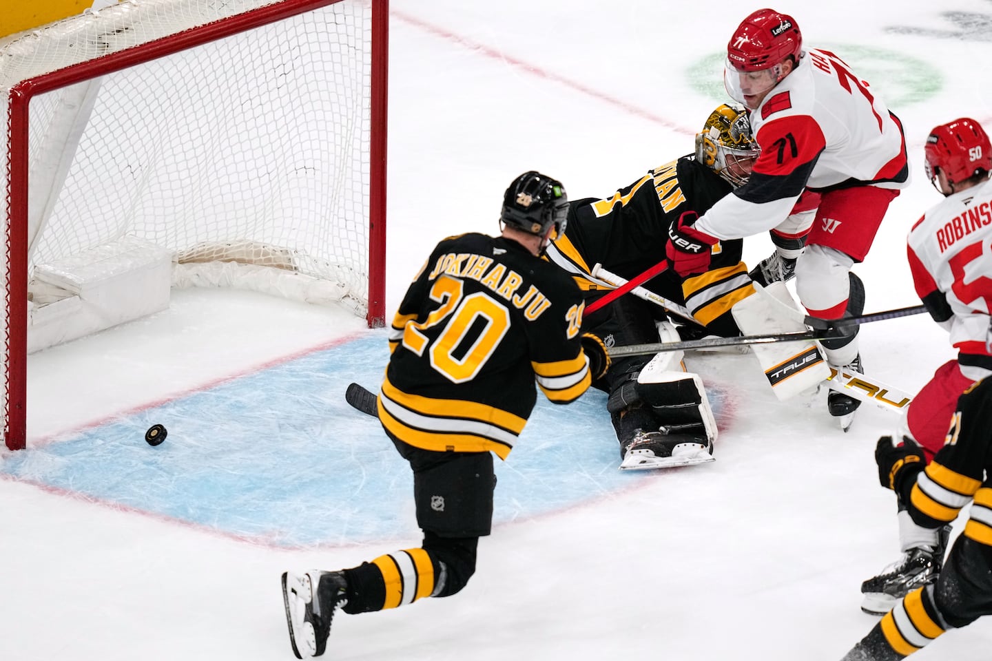 Former Bruin Taylor Hall (71) scored to give the Hurricanes a 3-0 lead in the third period.