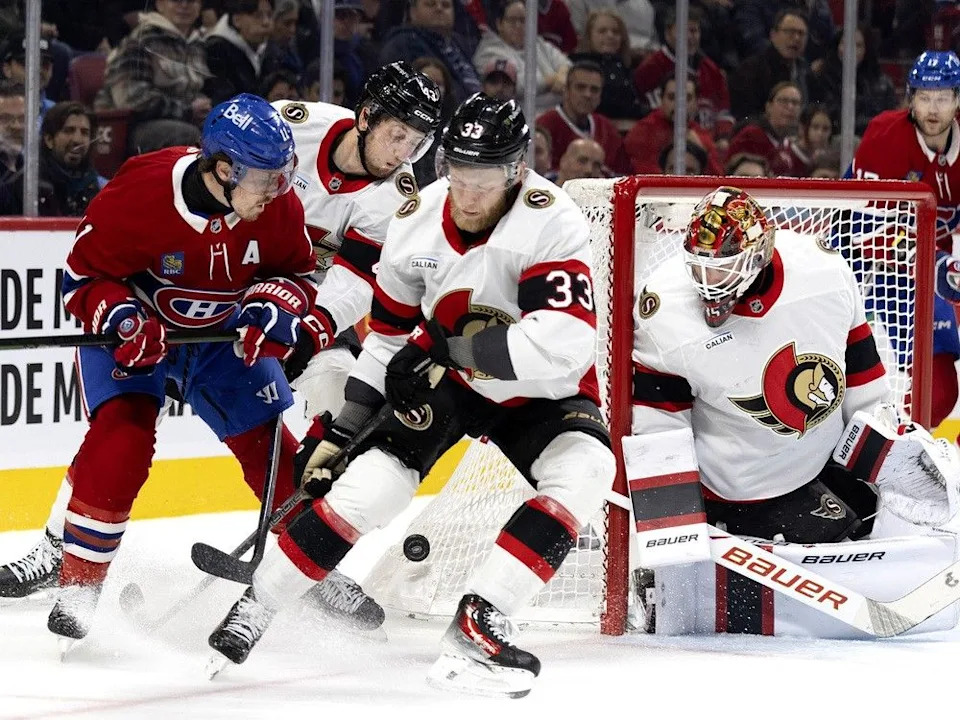  Canadiens right-winger Brendan Gallagher (11) battles with Senators defensemen Tyler Kleven and Nikolas Matinpalo (33) at the edge of the crease guarded by netminder Linus Ulllmark on Saturday night.
