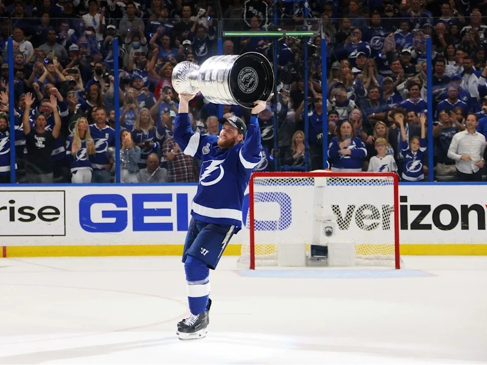  Blake Coleman of the Tampa Bay Lightning celebrates with the Stanley Cup.