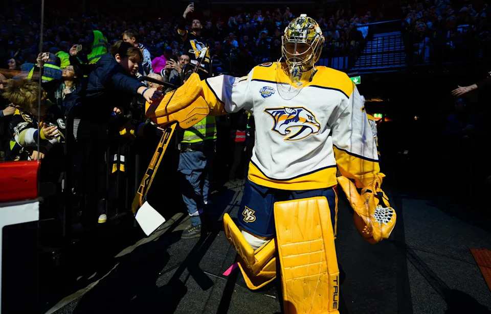 Nov 16, 2025; Stockholm, SWEDEN; Nashville Predators goaltender Juuse Saros (74) heads to the ice before playing against the Pittsburgh Penguins in a Global Series ice hockey game at Avicii Arena. Mandatory Credit: Per Haljestam-Imagn Images