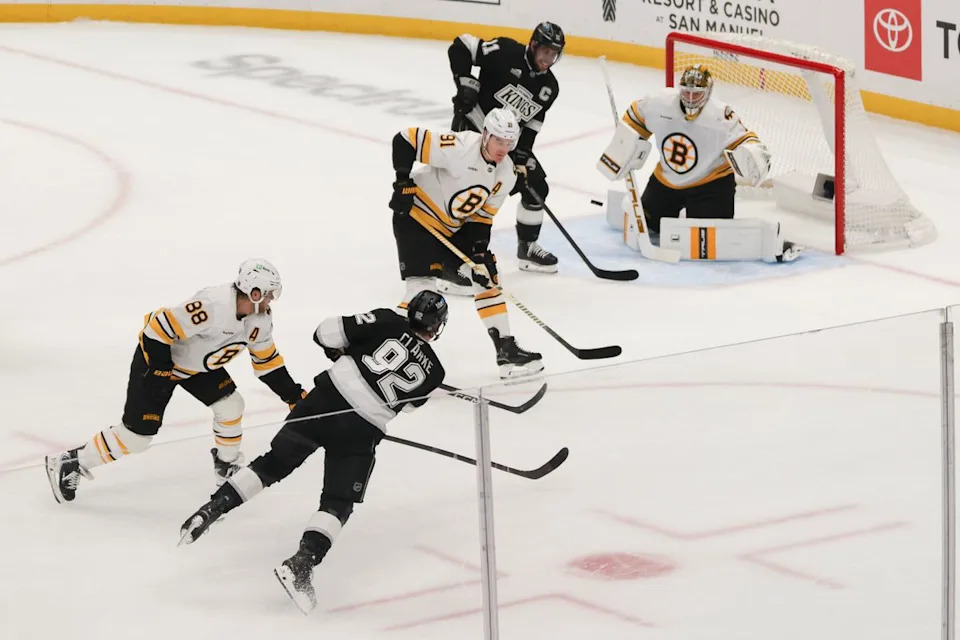 Defenseman Brandt Clarke #92 of the Los Angeles Kings shoots the puck as time expired during an NHL hockey game against the Boston Bruins, Friday November 21, 2025 in Los Angeles, Calif.